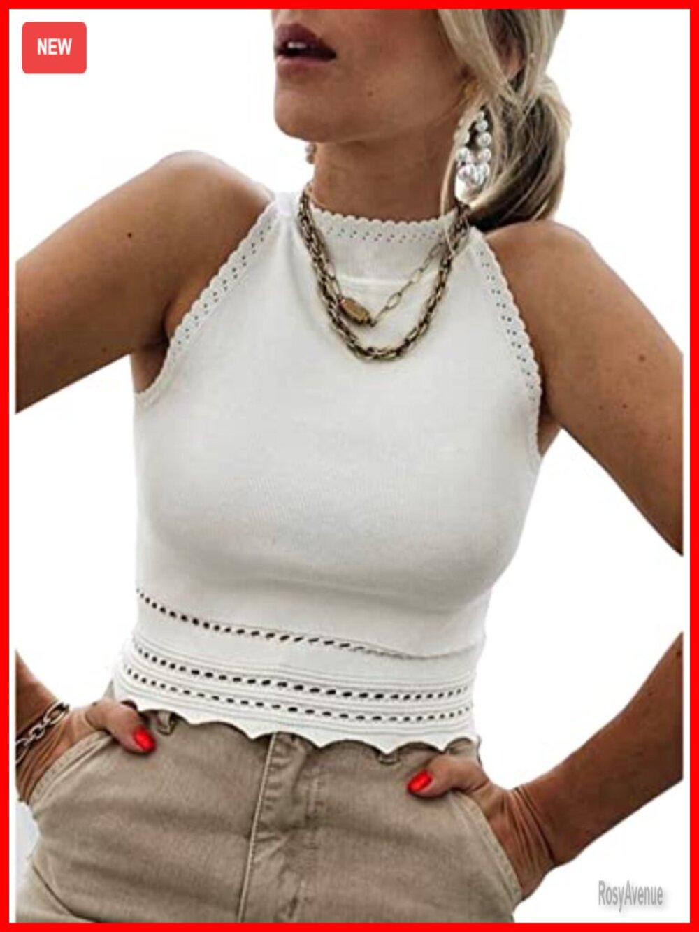 Ribbed Knit High Neck Scalloped Hem Crop Tank Top Slim Fit